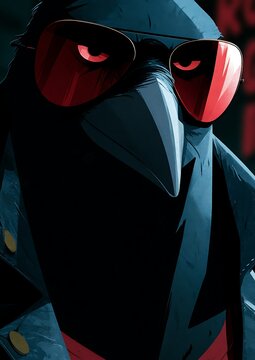 Anthropomorphic raven character wearing red tinted sunglasses in a stylized digital portrait