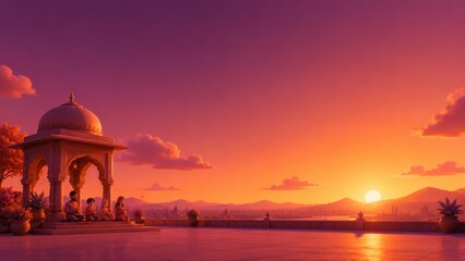 Obraz premium Serene sunset at a domed pavilion on a terrace where seated figures gather in prayer and meditation beneath ornate arches, warm golden light reflecting on water and mountains