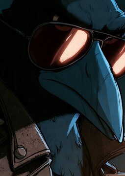 Close up portrait of an anthropomorphic raven wearing reflective sunglasses and a leather jacket