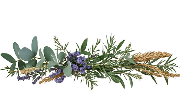 Rustic botanical border with eucalyptus leaves and lavender. Dried wheat and green herbs arrangement. Floral header for wedding invitations.