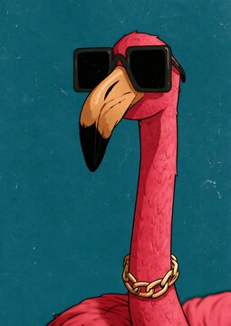 Pink flamingo mascot wearing oversized square sunglasses and a gold chain on a teal background