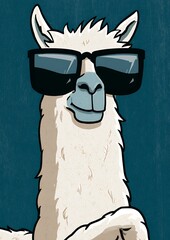 Fototapeta premium Retro 1980s style cartoon illustration of a white alpaca wearing black sunglasses