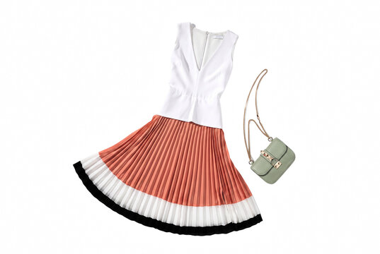 Elegant Sleeveless White Top and Pleated Multi Colored Skirt with Green Crossbody Bag