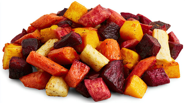 transparent roasted root vegetables with carrot, parsnip, and beet