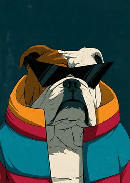 Stylized bulldog mascot wearing angular black sunglasses and a colorful puffer jacket