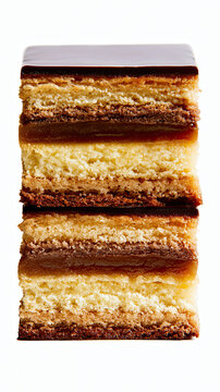 transparency of opera cake slice with layered joconde isolated on white background
