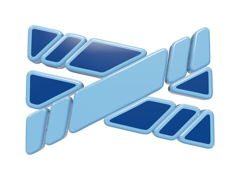 3D rendered geometric pattern of glossy blue trapezoidal and triangular shapes arranged in a symmetrical grid layout isolated on a transparent background