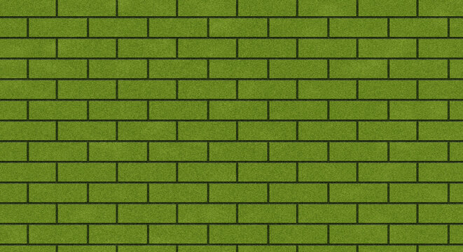 A green brick wall pattern displays a repeating arrangement of rectangular blocks with mortar lines texture masonry construction