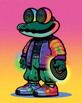 Stylized cartoon crocodile character wearing a varsity jacket and sneakers on a gradient background