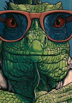 Close up portrait of a green iguana wearing oversized retro sunglasses with textured skin