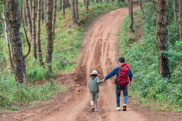 Fototapeta premium A father and his young daughter walk together along a forest path