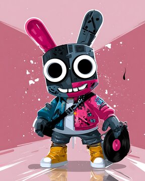 Surreal rabbit character with a mechanical mask holding a vinyl record on a pink background