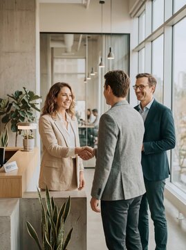 Three professionals shake hands in a modern office during a business meeting