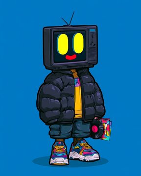 Surreal cartoon character with a vintage television head wearing a puffer jacket on blue