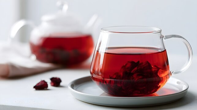 A clear glass cup holds vibrant red hibiscus tea with dried petals submerged  beside a matching teapot on a clean white surface