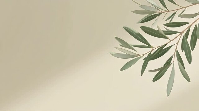Minimalist olive branch foliage frame on soft beige background with copy space for product backdrop