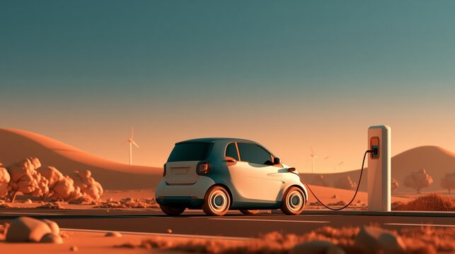 Compact electric car plugged into a roadside charging station in a desert landscape at sunset, warm orange light illuminating dunes, rocks, and distant wind turbines on the horizon