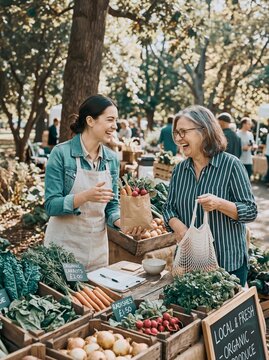 Vendor and customer share a laugh over fresh organic produce at outdoor farmers market stall