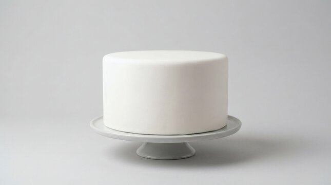Minimalist white fondant cake on ceramic stand, plain blank wedding cake mockup, elegant neutral gray background food photography