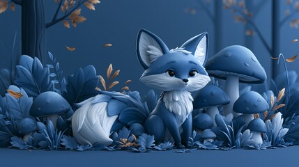Fototapeta premium Cute blue fox with white-tipped tail and big expressive eyes sitting among oversized mushrooms and dense forest foliage in a whimsical moonlit woodland scene with falling leaves