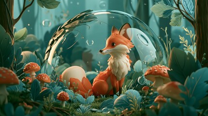 Fototapeta premium A curious red fox sits in a luminous enchanted forest clearing surrounded by oversized mushrooms, ferns, and dewy foliage beneath a translucent glass bubble dome in teal light
