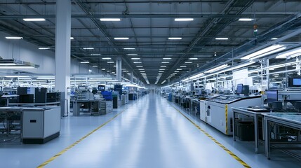 Obraz premium Long industrial corridor of a modern electronics factory with rows of workstations overhead lighting and polished floor