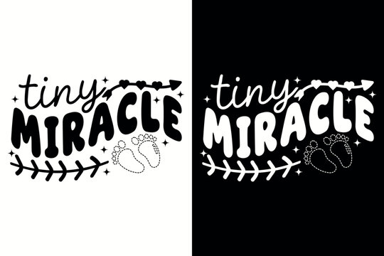 Tiny Miracle Baby Typography Vector Design with Baby Feet and Heart Arrow