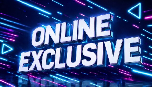 Bold online exclusive 3D text with neon geometric light trails 3D lettering e commerce web design 3D lettering futuristic promotion internet e-commerce abstract marketing technology