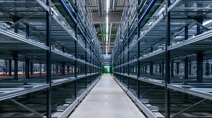 Obraz premium Long aisle between tall metal shelves in a modern automated warehouse with industrial lighting overhead