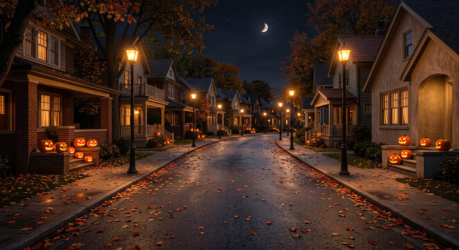 Suburban street lined with houses decorated for halloween with glowing pumpkins at night.
