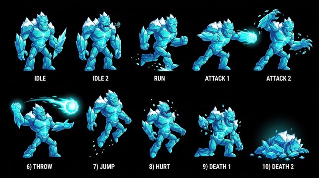 Ice Golem Game Character Sprite Sheet with Various Action Poses for 2D Video Game Development