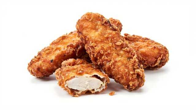Golden fried chicken pieces with one cut open showing inside