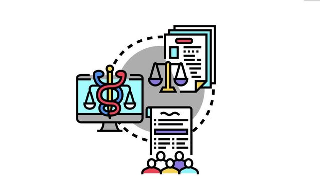 Legal framework concept featuring a caduceus, scales of justice, documents, and people healthcare law or medical policy enabling