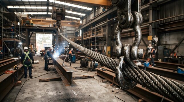  Heavy steel wire ropes and chains inside industrial workshop with metal beams, factory machinery, rigging cables, construction materials, warehouse lighting, and rugged manufacturing environment phot
