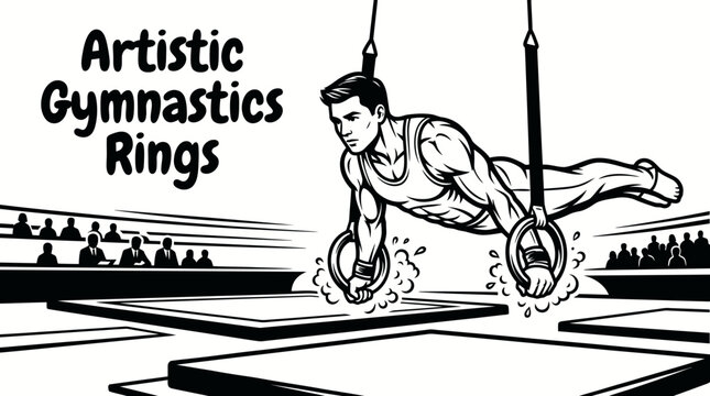 gymnast competing on still rings performing a powerful strength hold controlled suspension precise body position and advanced movement upper body strength balance technique concentration and athletic