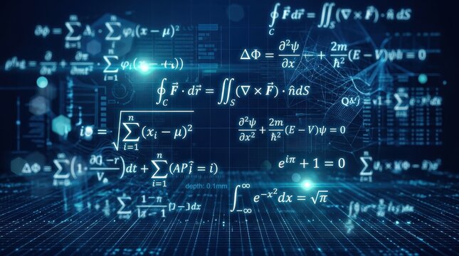 Abstract Scientific Background with Complex Mathematical Formulas and Physics Equations on Dark Blue Digital Grid