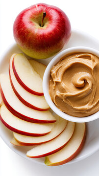 healthy apple slices with peanut butter dip isolated on white background
