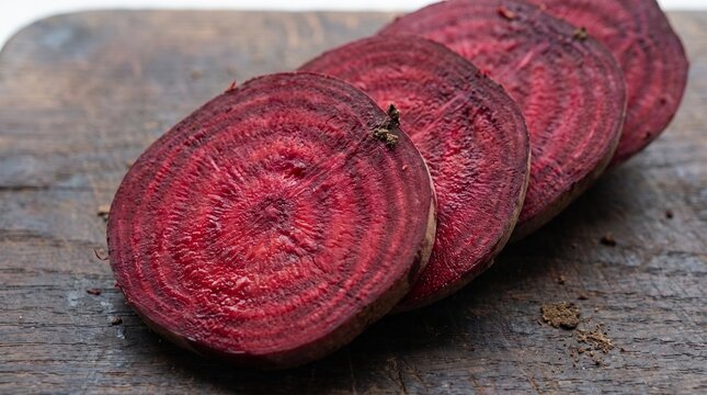 Main Subject: Freshly sliced raw red beetroot.