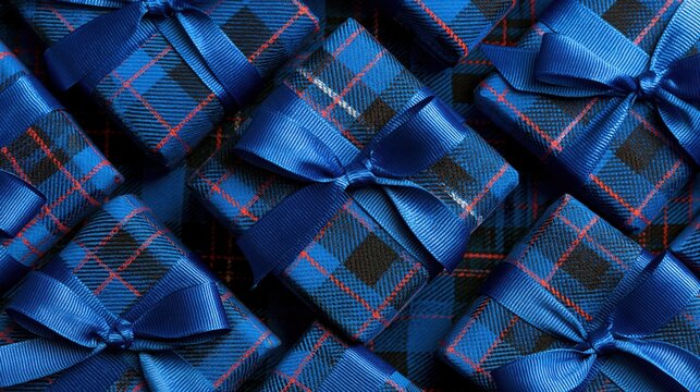 Blue tartan gift boxes with satin ribbon bows arranged in a repeating pattern for festive occasions
