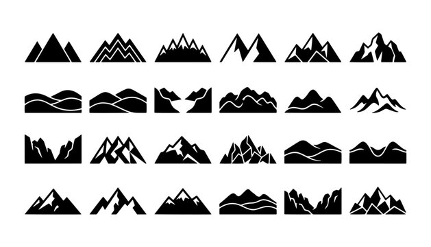 Minimalist mountain range silhouettes collection featuring diverse geometric peaks presented in a clean black vector style