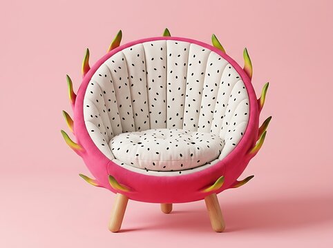 Creative round armchair designed to look like a colorful tropical dragon fruit
