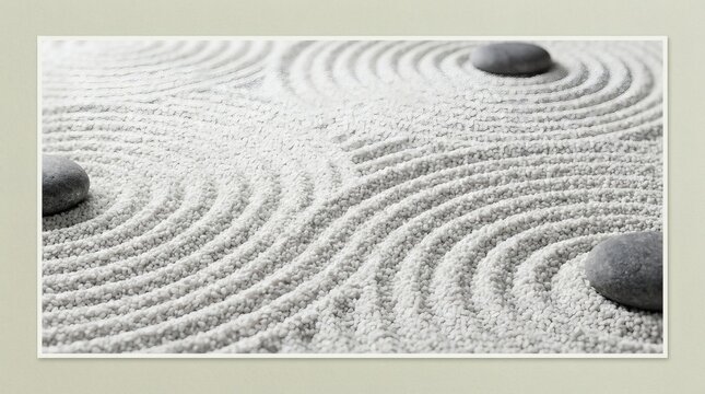 Zen garden sand patterns, smooth grey balance stones, peaceful raked sand background for wellness and meditation concepts