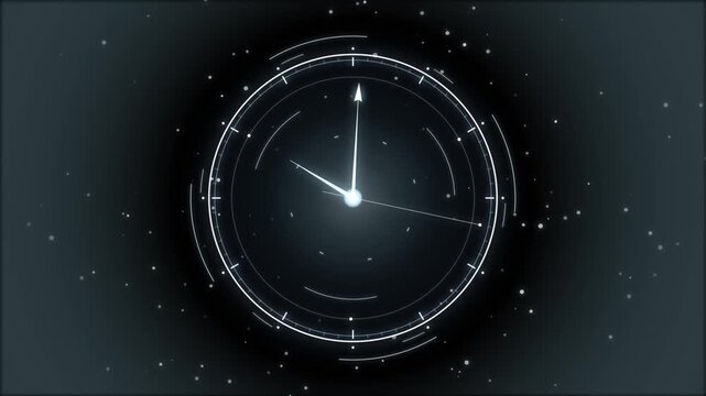 Minimal clock animation showing smooth hand movement around a clean circular dial with subtle floating particles.