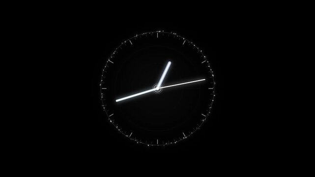 Advanced clock animation featuring layered circular elements, moving hands, fine markers and atmospheric digital particles.