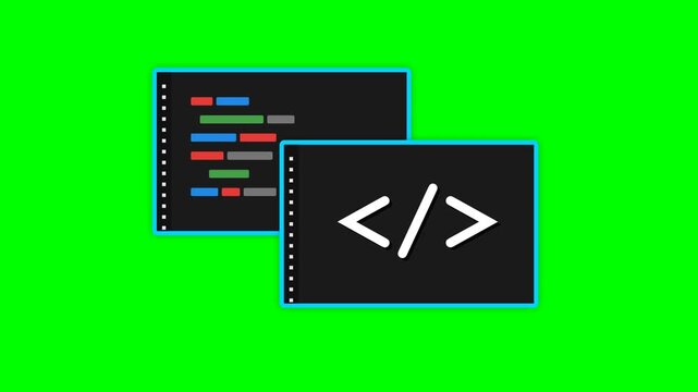 Clean digital programming and coding icon showing files and software development brackets on green screen