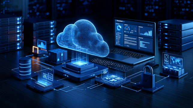 lean diagram illustrating a cloud computing data processing workflow showing data upload, storage, distributed processing, analytics dashboard, secure output delivery