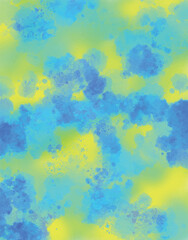 Fototapeta premium Vibrant artistic vector background featuring bright blue and cyan watercolor splatters layered over a glowing lime green and yellow mesh gradient texture. Creative template for poster, cover, or
