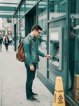 Young man in denim jacket withdraws cash at urban atm on city street