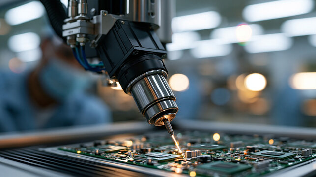 Automated microchip inspection station scanning circuit boards inside a bright pristine electronics clean room, precision manufacturing, sterile technology environment, natural lig
