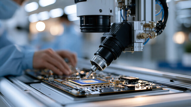 Automated microchip inspection station scanning circuit boards inside a bright pristine electronics clean room, precision manufacturing, sterile technology environment, natural lig
